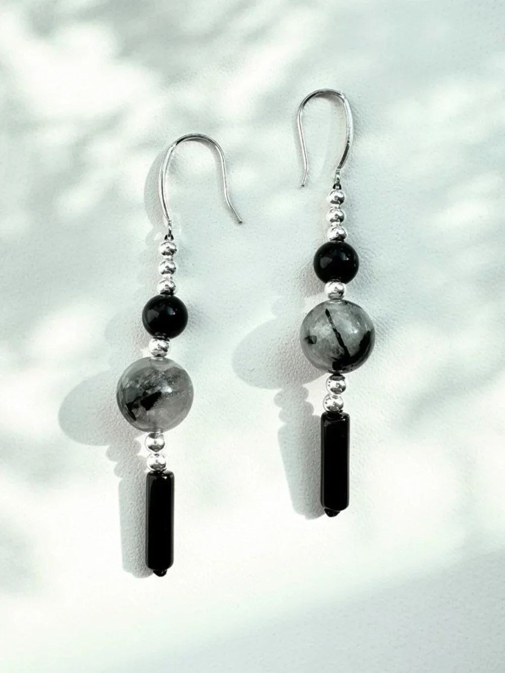 Trendy 925 Sterling Silver Dangle Earrings with Obsidian & Rutilated Quartz